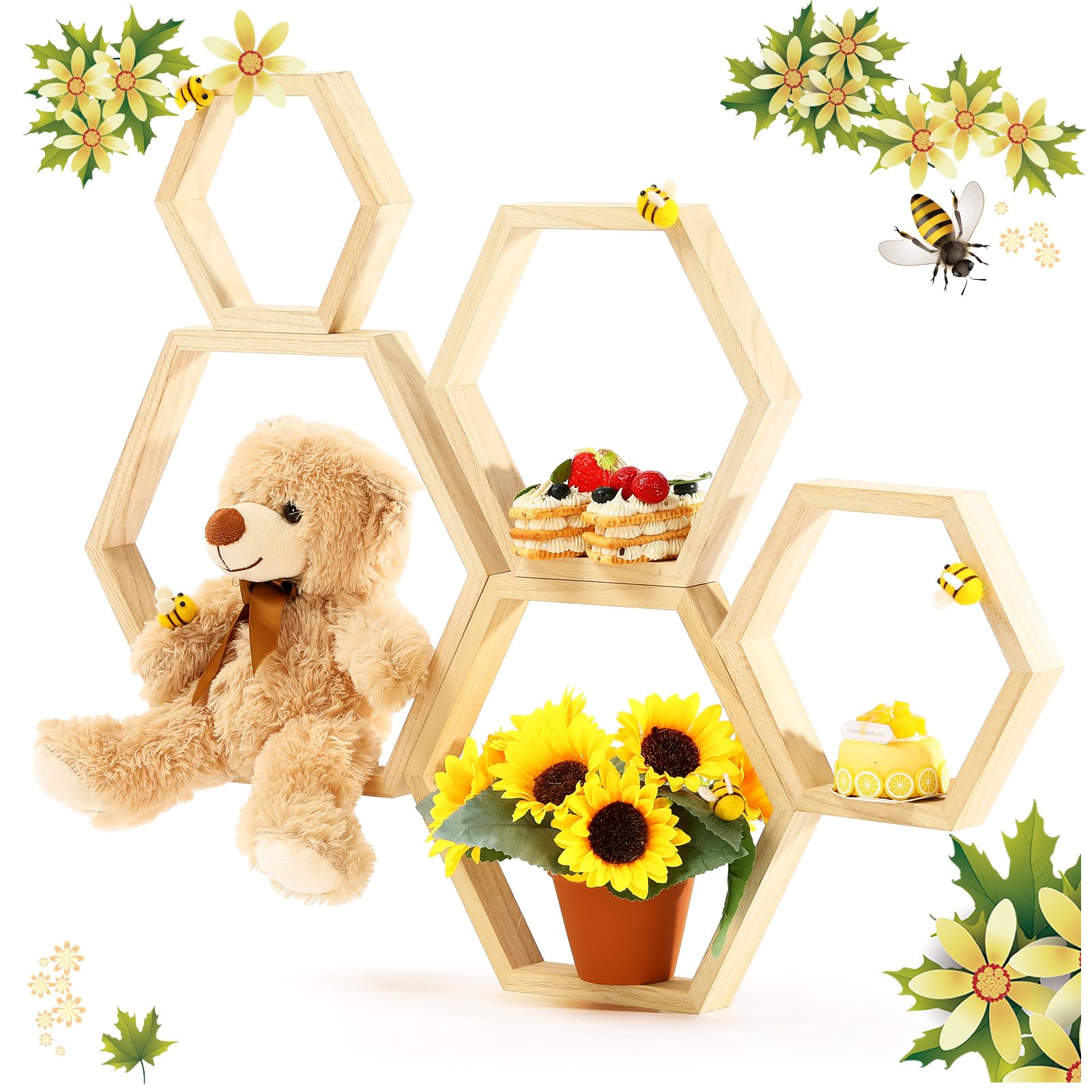 Gerrii 5 Pcs Honey Comb Decorations 5 Sizes Wood Hexagon Shelves